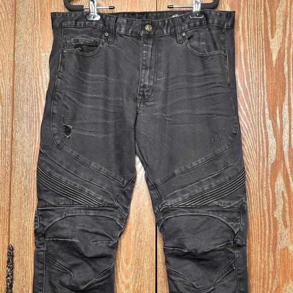 Smoke Rise Men's Slim Fit Moto Biker Jeans Black W38 L32 Distressed Skinny Denim - Picture 4 of 10